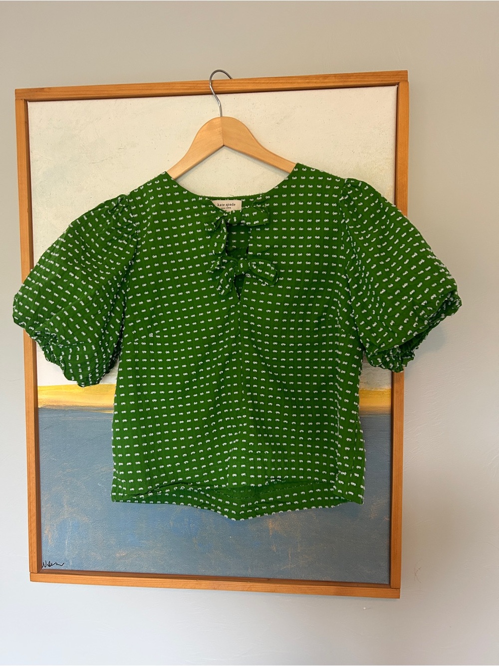 kate spade Green Swiss Dot Tie-Neck Puff Sleeve Blouse